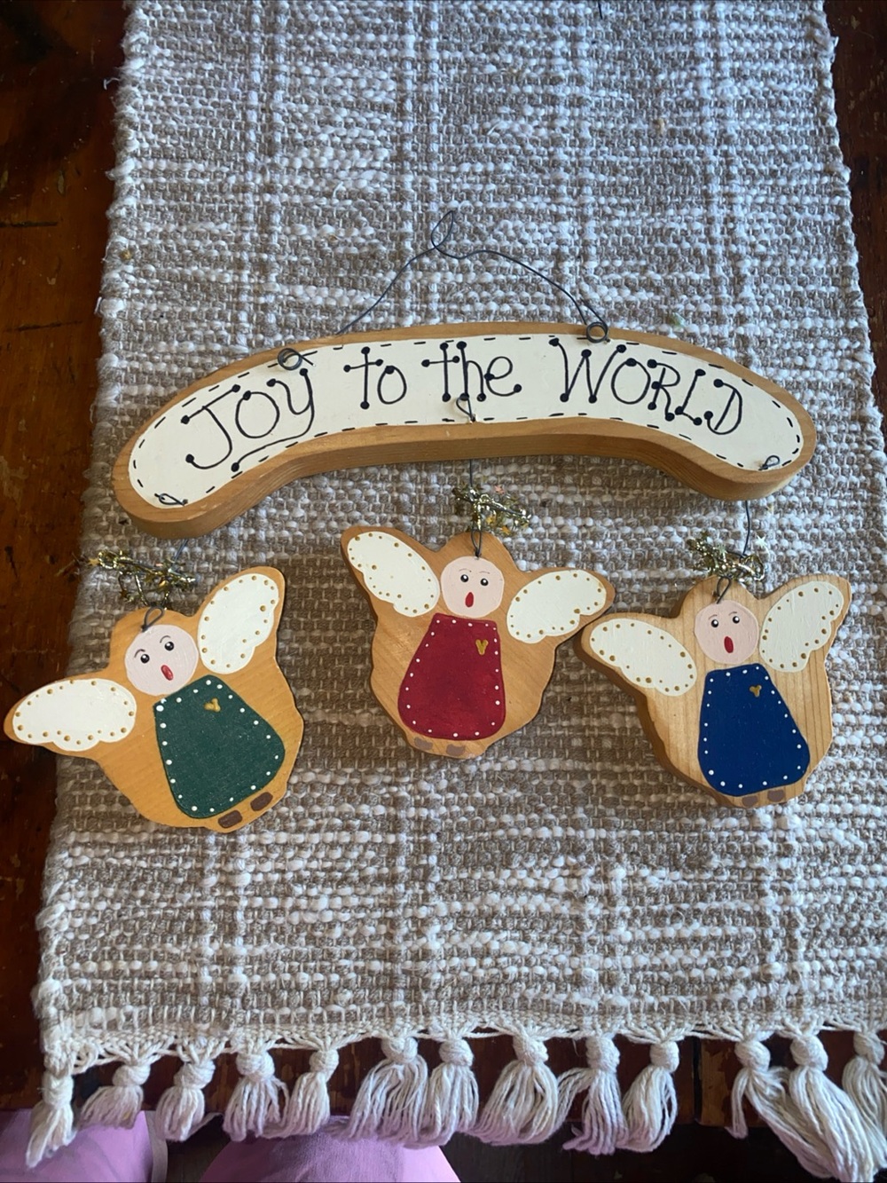 Joy to the World Wooden Angel Wall Hanging - Red, Green, Blue